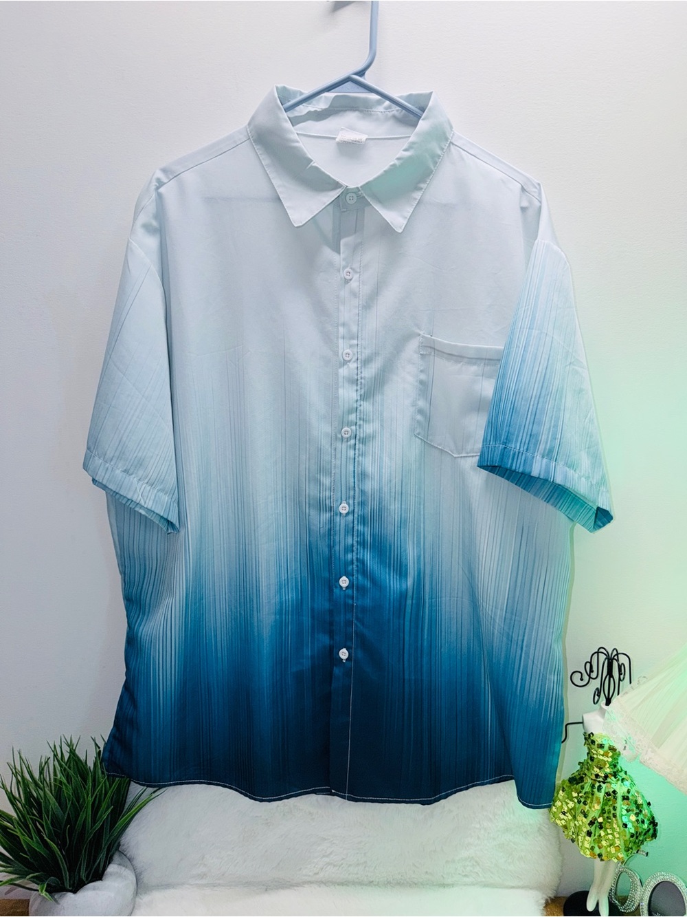 Men's Gradient Ombre Short-Sleeve Button Down Dressy Blue Golf Wedding Shirt 👕